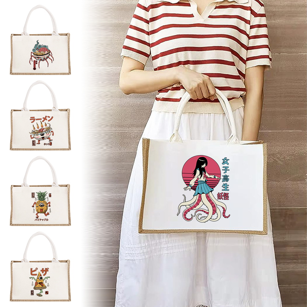 Women Bags Jute - 비치 황마 캔버스 토트백 귀여운 몬스터