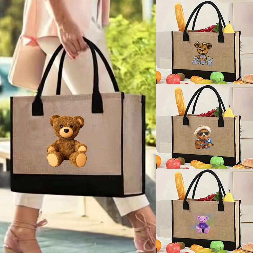 Women Bags Jute - 휴대용 에코 대용량 곰 패턴 토트백,
