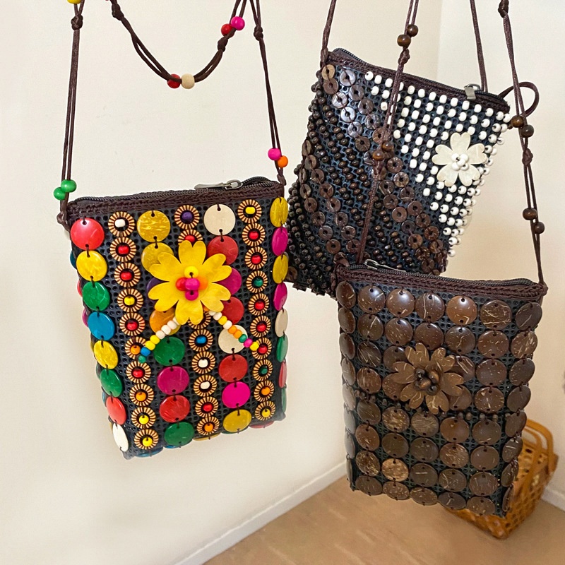 보헤미안 미니 폰백 여성 여름 꽃 코코넛 껍질 엮은 가 - Women Bags Vietnam 리뷰 및 가격