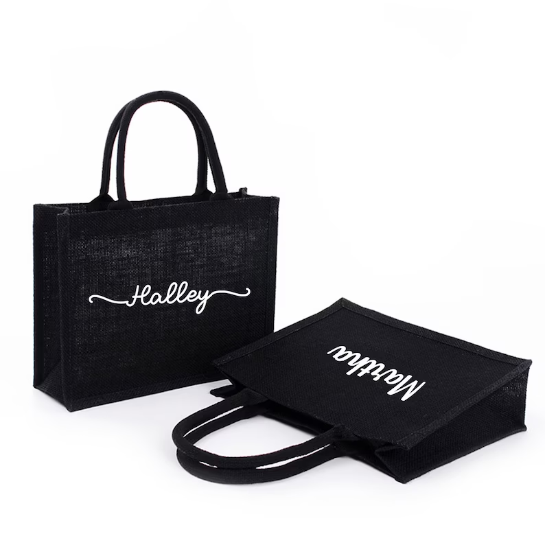 개인화 된 검은 삼베 토트 백 사용자 정의 이름 삼베  - Women Bags Jute 리뷰 및 가격