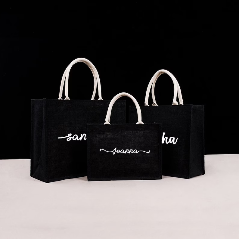 개인화 된 검은 삼베 토트 백 사용자 정의 이름 삼베  - Women Bags Jute 리뷰 및 가격