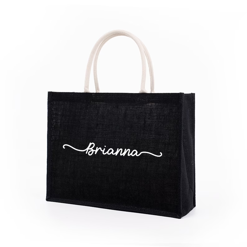 개인화 된 검은 삼베 토트 백 사용자 정의 이름 삼베  - Women Bags Jute 리뷰 및 가격